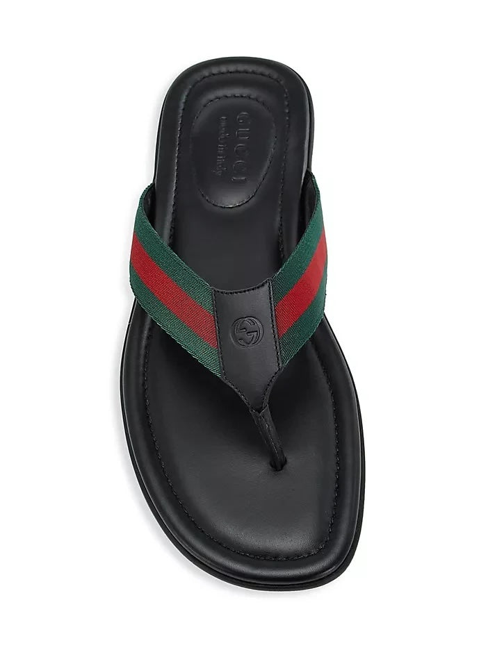 GUCCI MEN'S TITAN WEB LEATHER THONG SLIDES