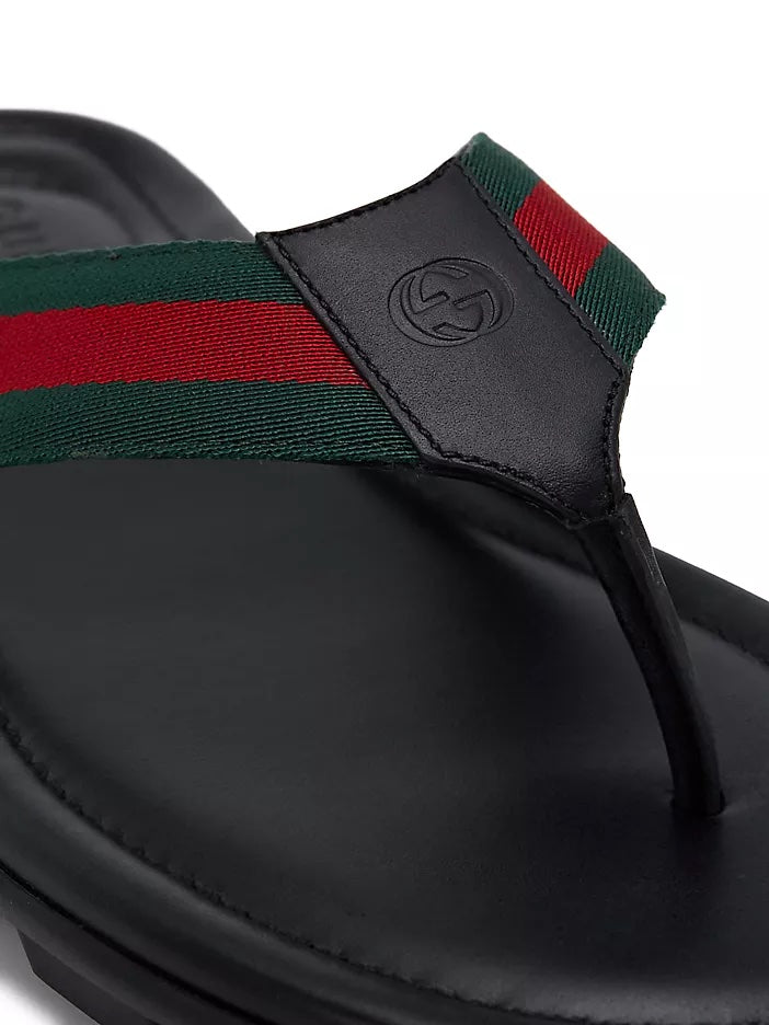 GUCCI WEB LEATHER THONG MEN'S SLIDE SANDALS
