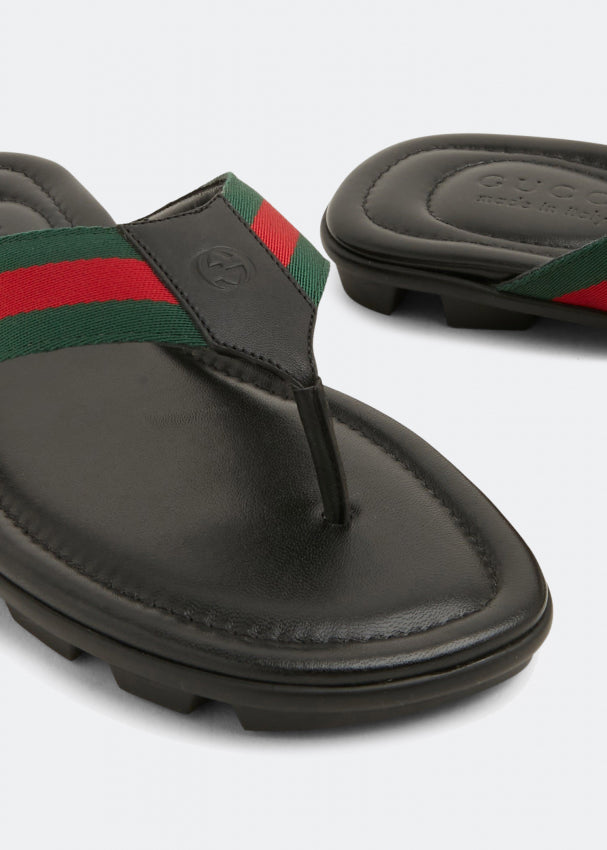 GUCCI WEB LEATHER THONG MEN'S SLIDE SANDALS