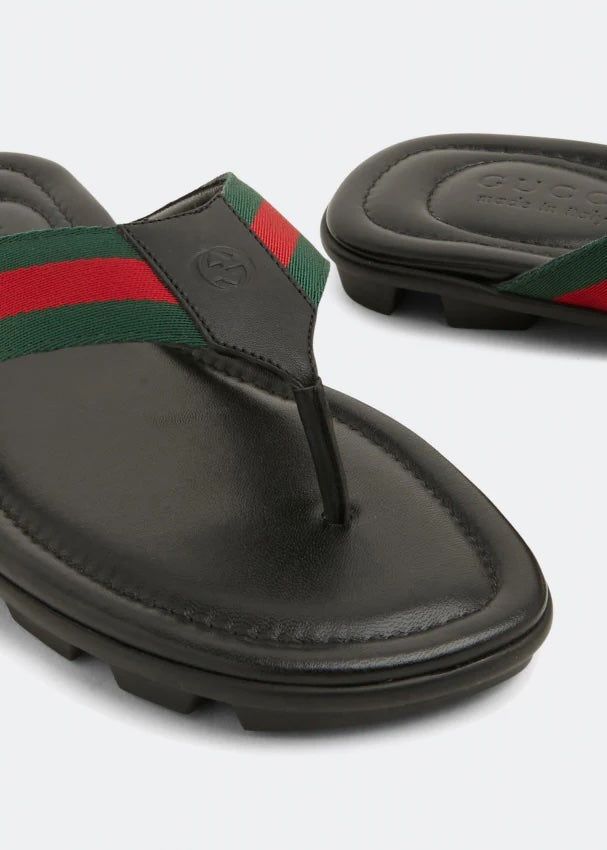 GUCCI MEN'S TITAN WEB LEATHER THONG SLIDES