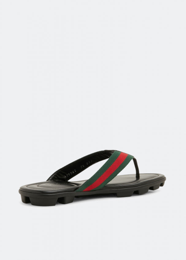 GUCCI WEB LEATHER THONG MEN'S SLIDE SANDALS