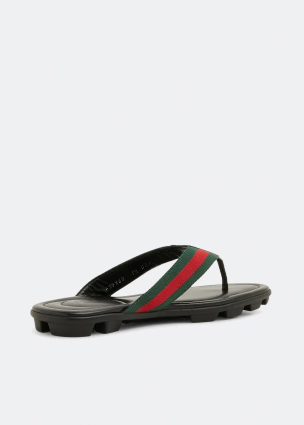 GUCCI MEN'S TITAN WEB LEATHER THONG SLIDES