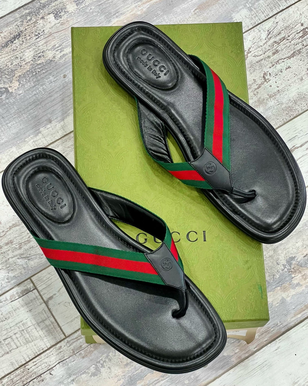 GUCCI WEB LEATHER THONG MEN'S SLIDE SANDALS