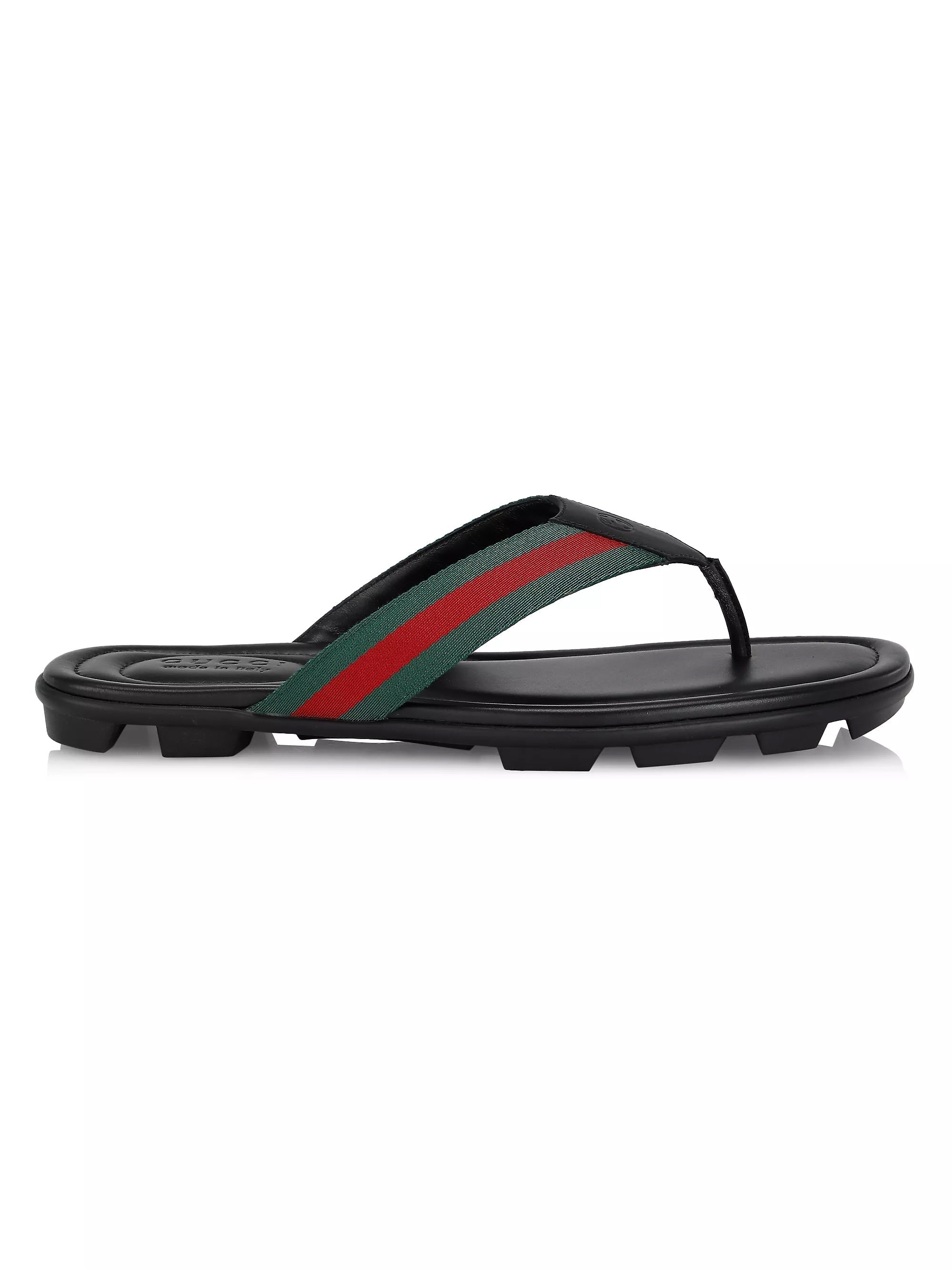 GUCCI WEB LEATHER THONG MEN'S SLIDE SANDALS