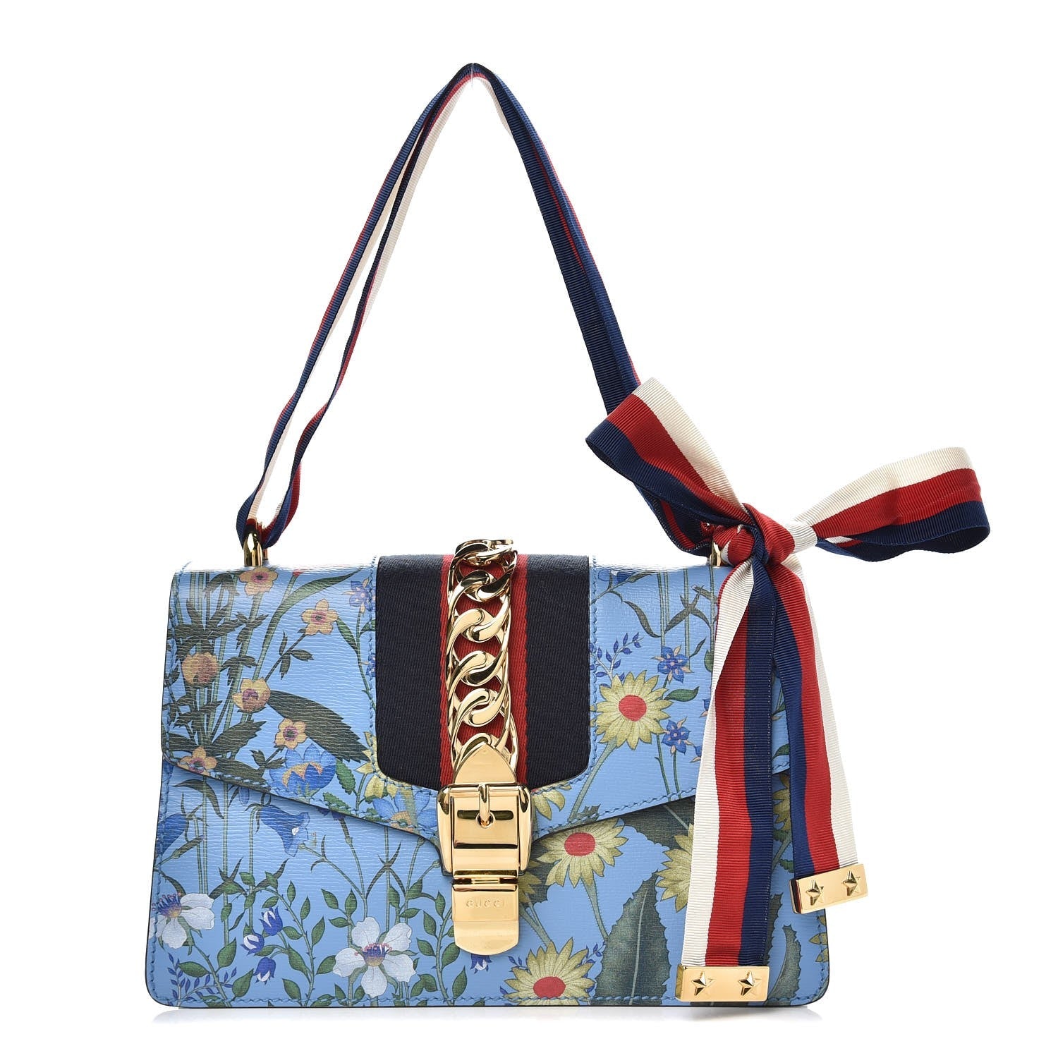 GUCCI SYLVIE BLUE AZURE FLORA CALFSKIN LEATHER SHOULDER BAG