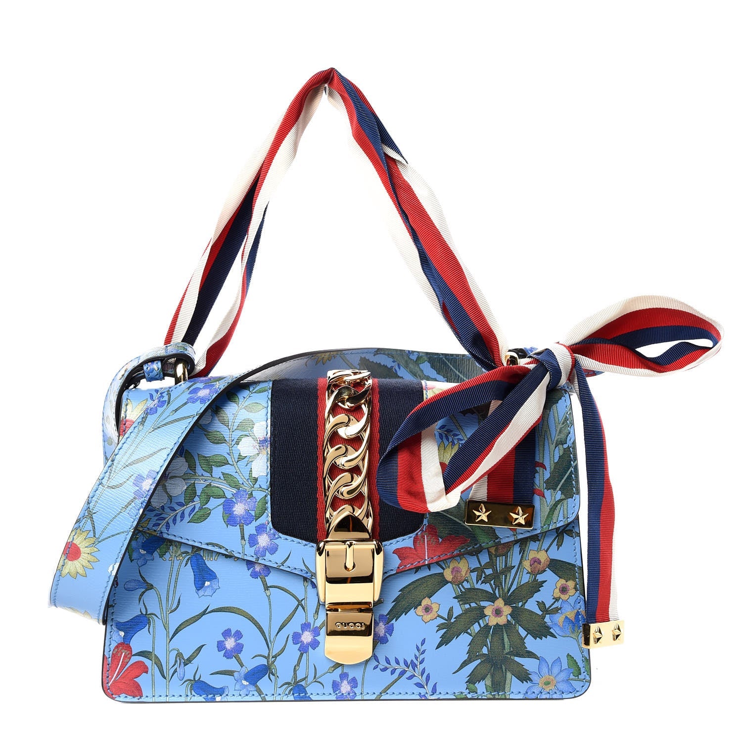 GUCCI SYLVIE BLUE AZURE FLORA CALFSKIN LEATHER SHOULDER BAG