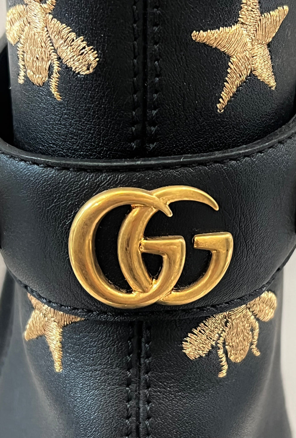 GUCCI STAR AND BEE EMBROIDERED LEATHER BOOTS
