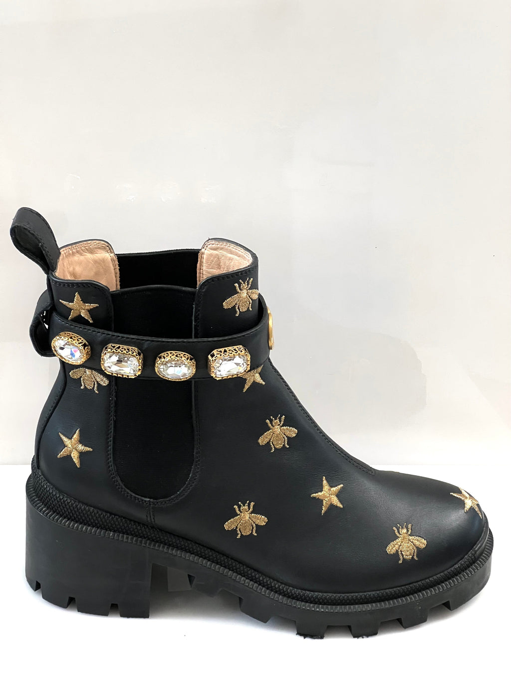 GUCCI STAR AND BEE EMBROIDERED LEATHER BOOTS