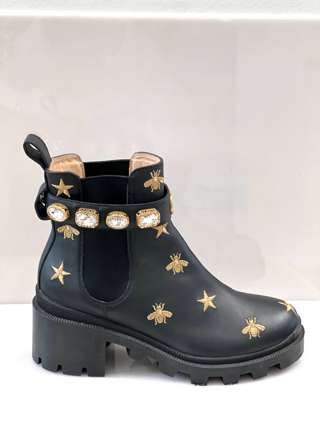 GUCCI STAR AND BEE EMBROIDERED LEATHER BOOTS