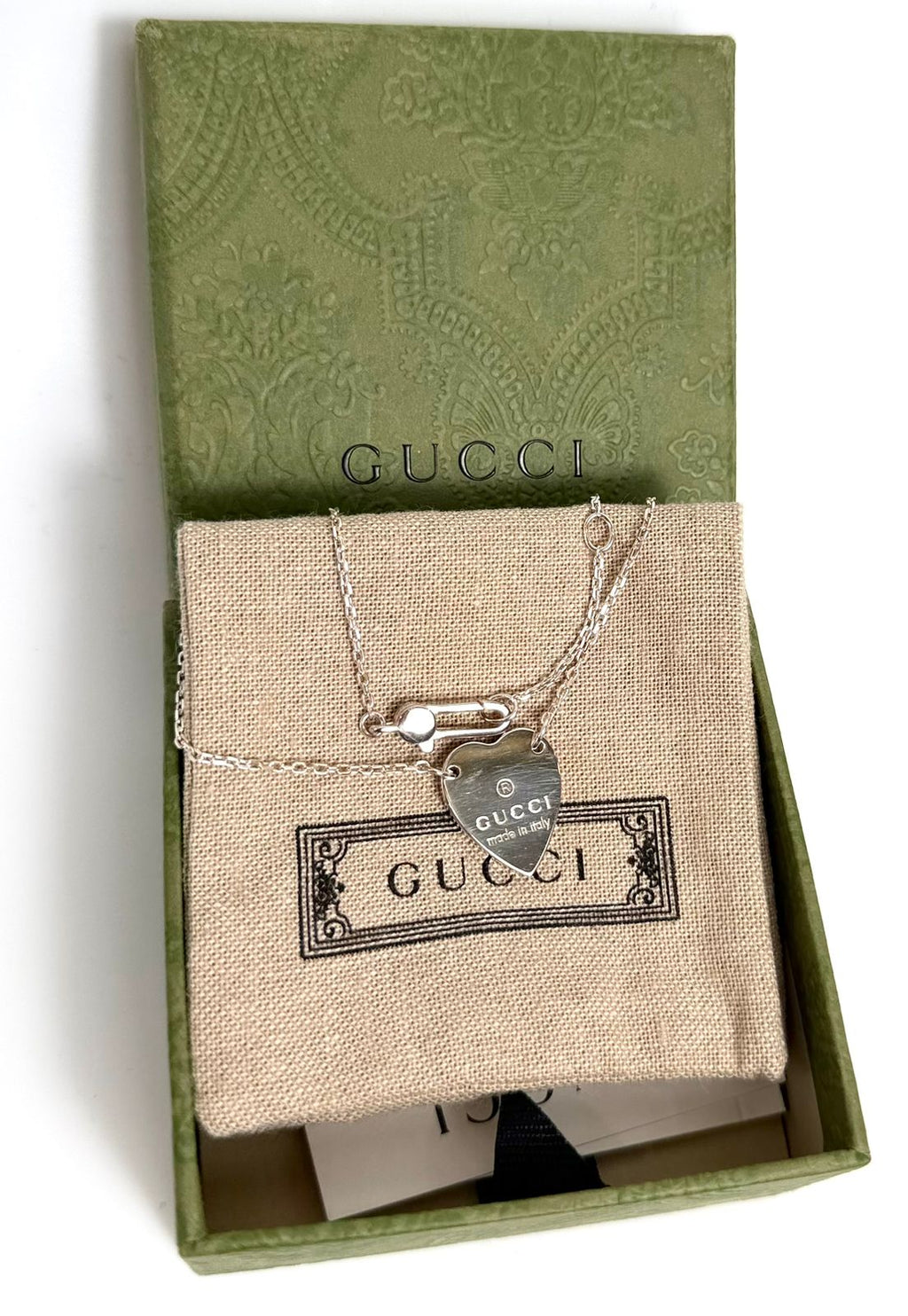 GUCCI 925 STERLING SILVER ENGRAVED TRADEMARK HEART NECKLACE