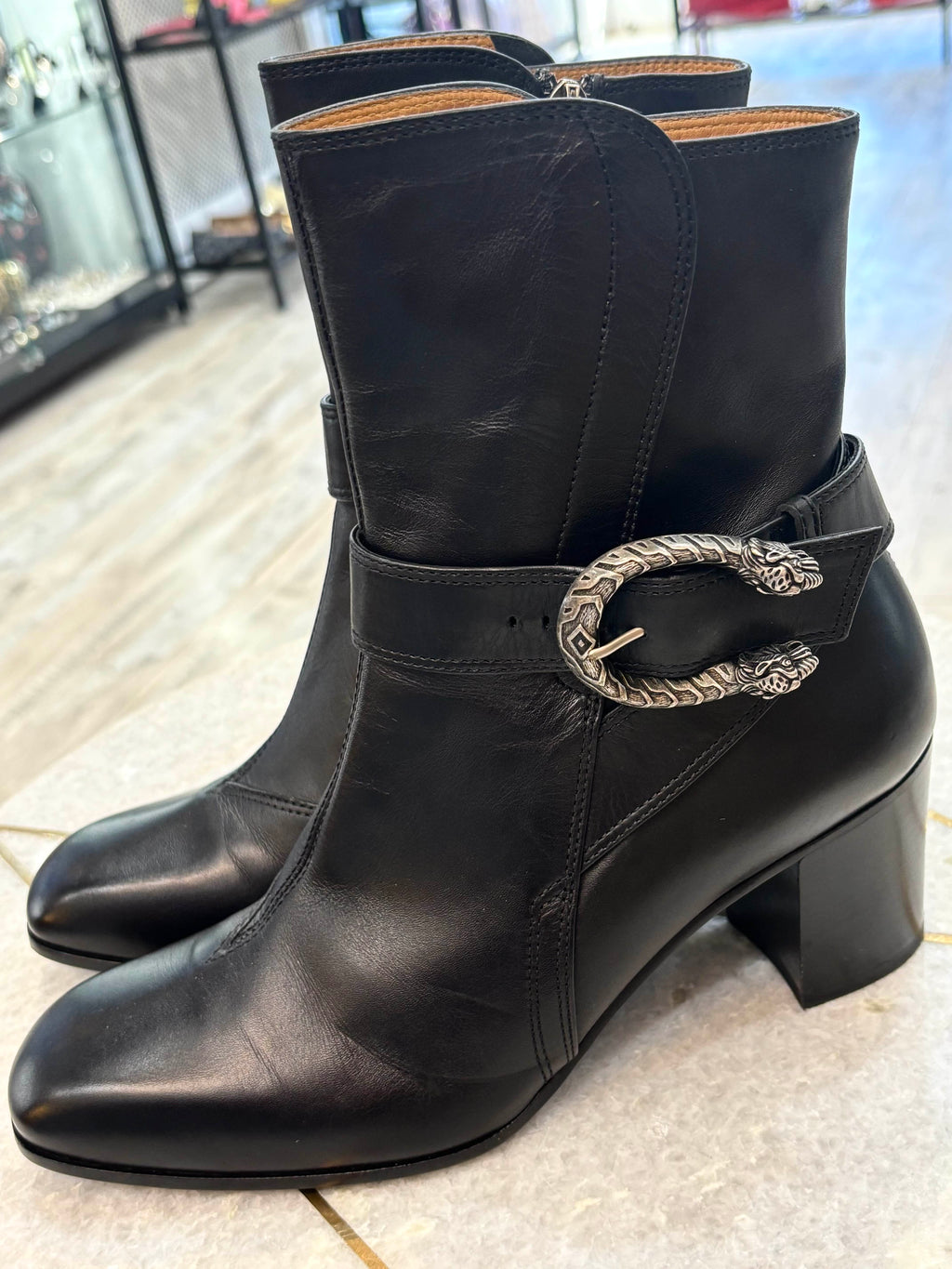 GUCCI DIONYSUS CALFSKIN LEATHER ANKLE BOOTS
