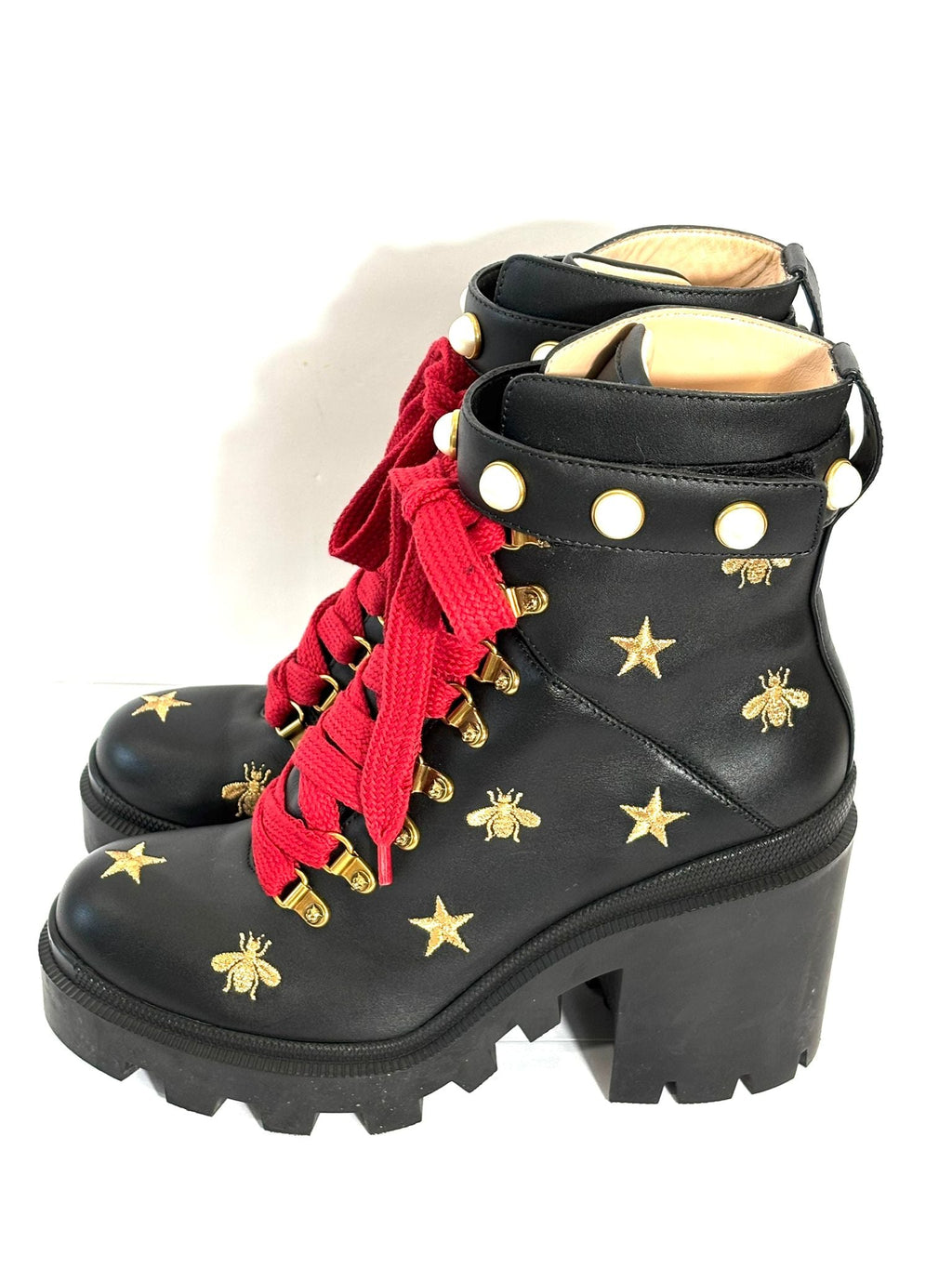 GUCCI CALFSKIN EMBROIDERED LACE UP COMBAT BOOTS