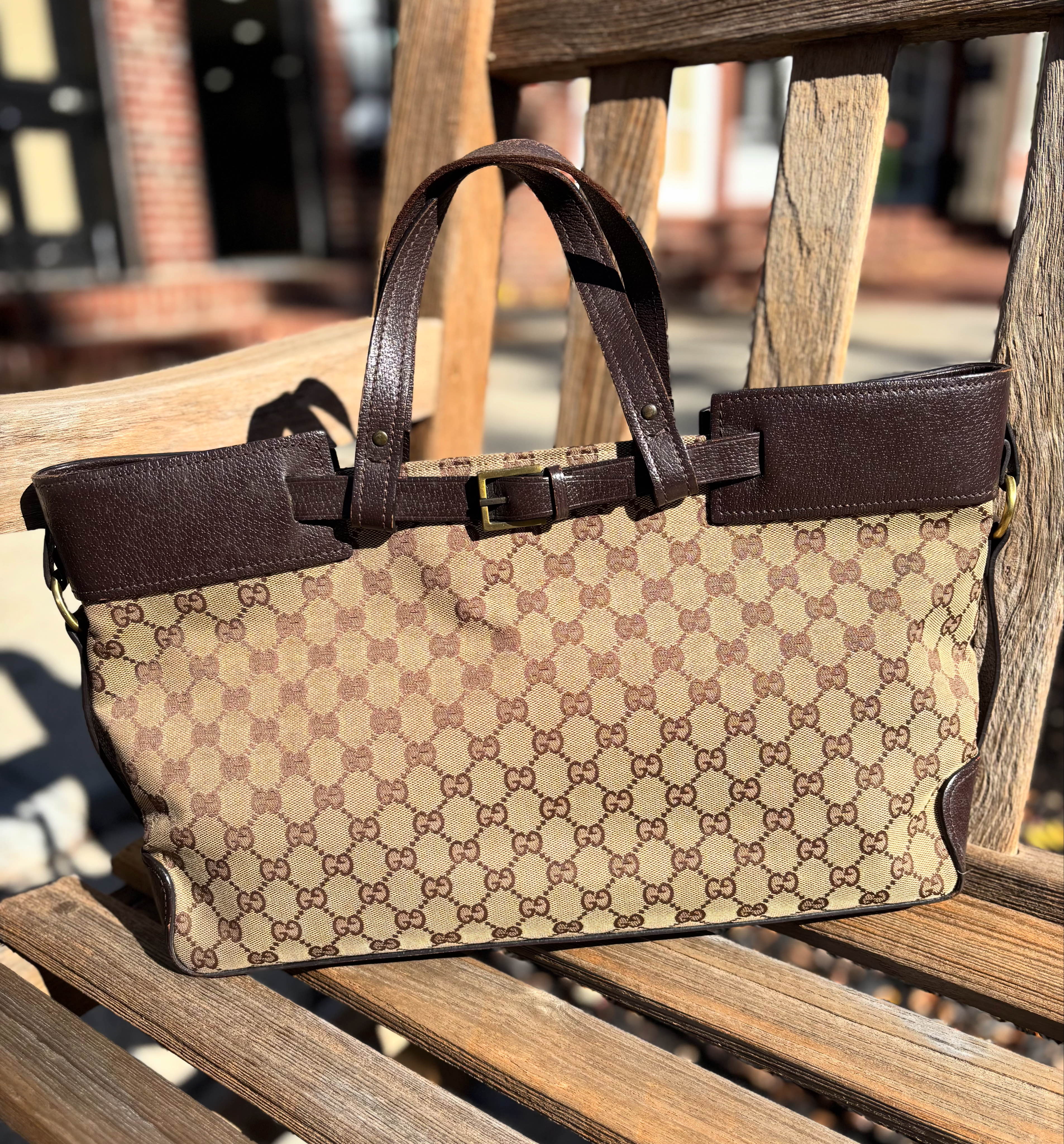 GUCCI GG CANVAS LEATHER TRIM VINTAGE BELTED TOTE BAG