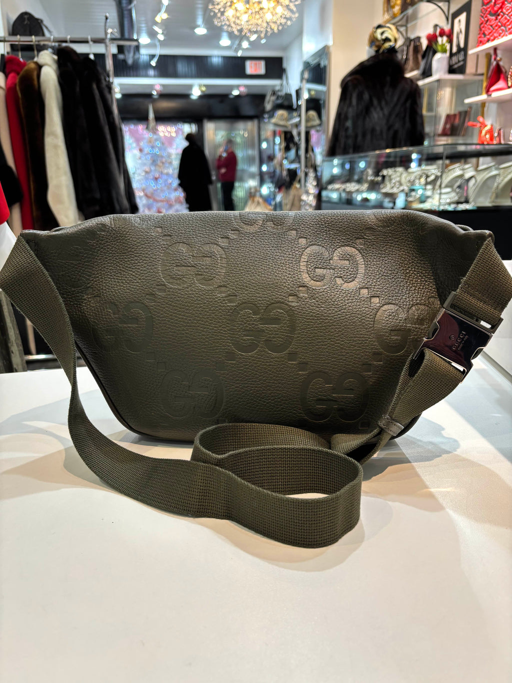 GUCCI JUMBO GG MONOGRAM EMBOSSED CALFSKIN BUM BAG