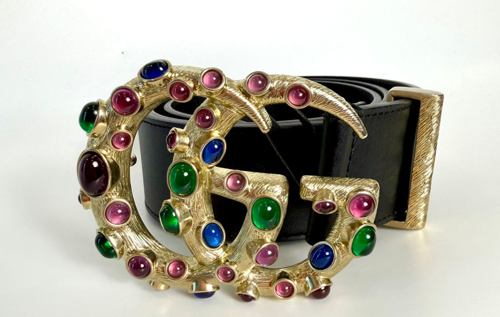 GUCCI GG MARMONT CRYSTAL EMBELLISHED LEATHER BELT