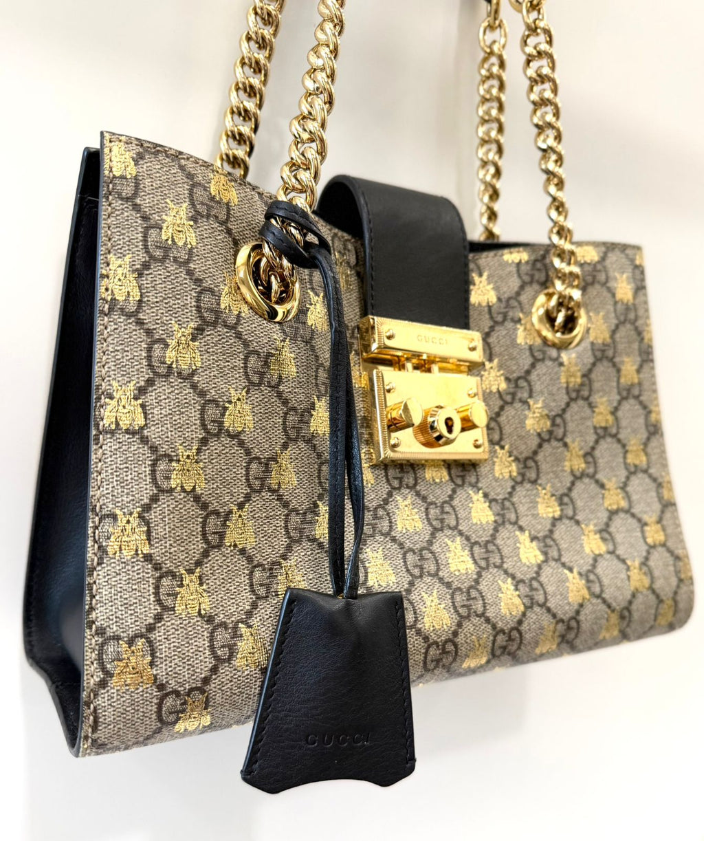 GUCCI GG SUPREME MONOGRAM BEES SMALL PADLOCK TOTE BAG
