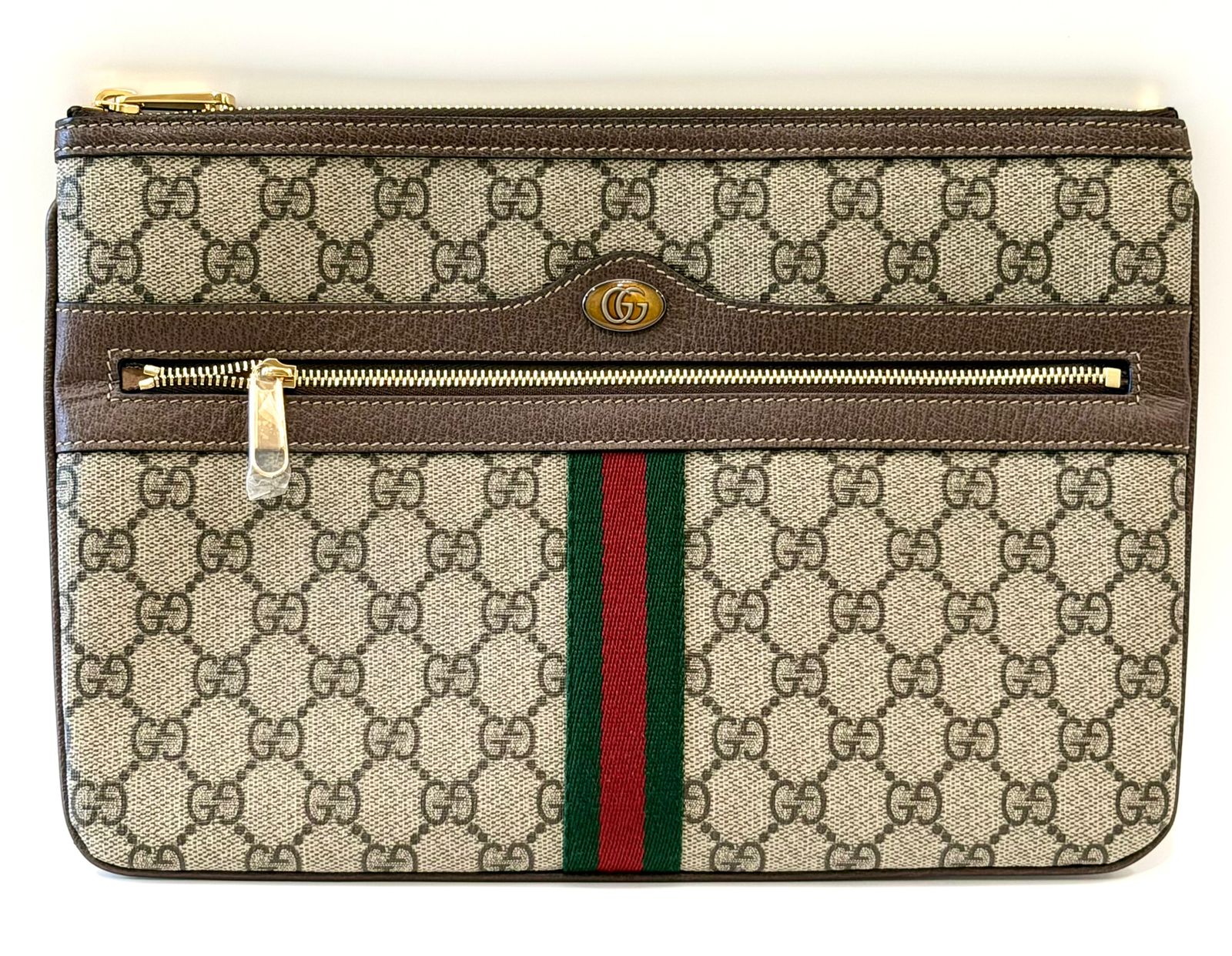 GUCCI GG SUPREME MONOGRAM WEB OPHIDIA CLUTCH