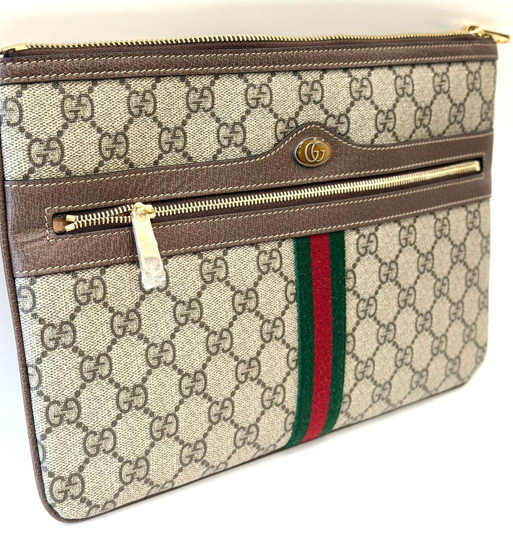GUCCI GG SUPREME MONOGRAM WEB OPHIDIA CLUTCH
