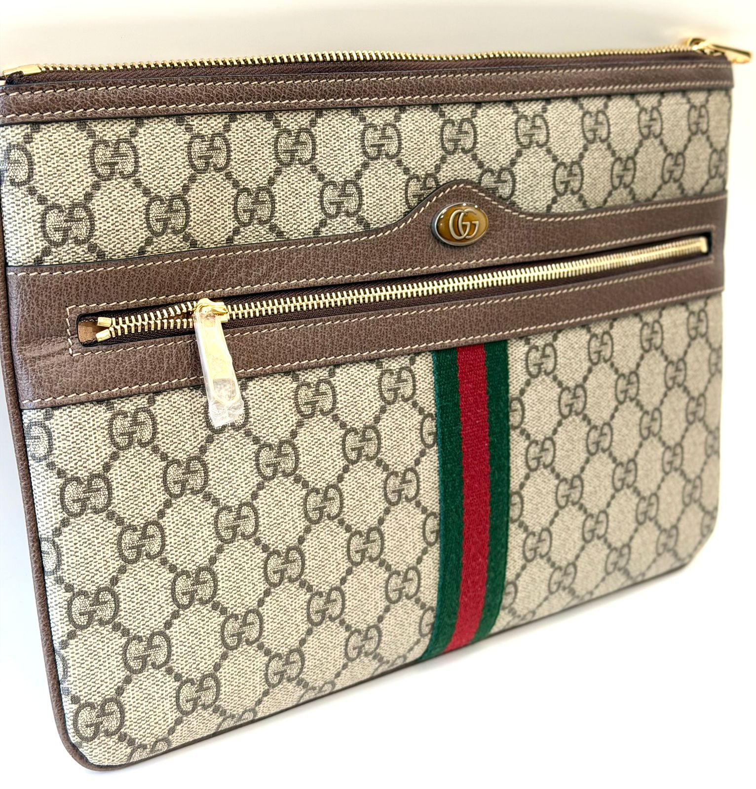 GUCCI GG SUPREME MONOGRAM WEB OPHIDIA CLUTCH