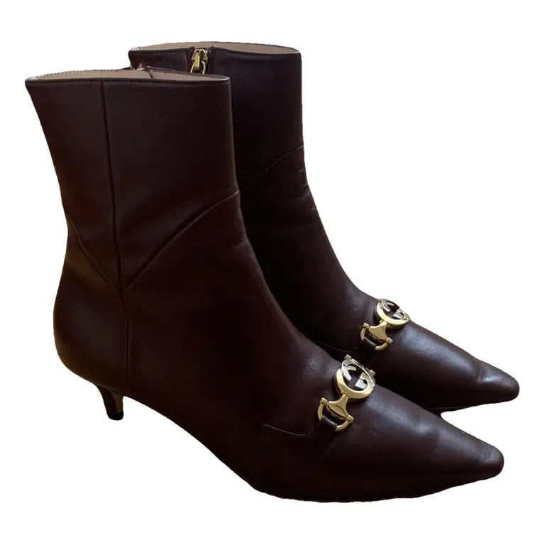 GUCCI ZUMMI CALFSKIN LEATHER KITTEN HEEL ANKLE BOOTS