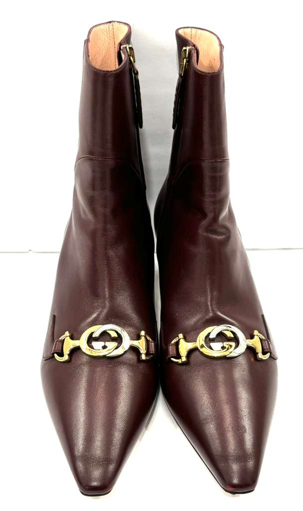 GUCCI ZUMMI CALFSKIN LEATHER KITTEN HEEL ANKLE BOOTS