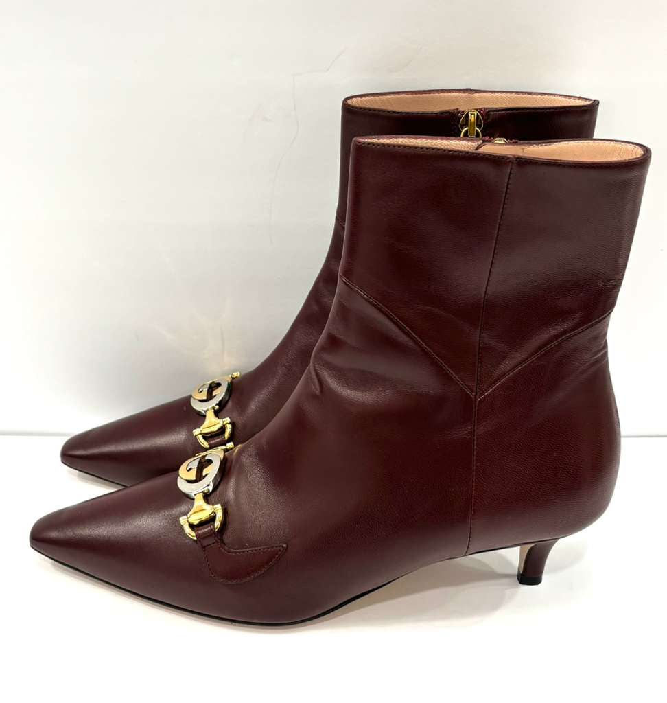 GUCCI ZUMMI CALFSKIN LEATHER KITTEN HEEL ANKLE BOOTS