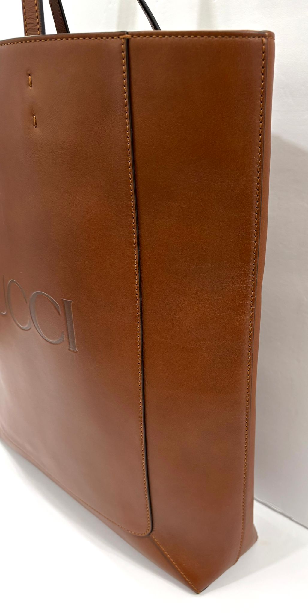 GUCCI LOGO EMBOSSED CALFSKIN LEATHER SHOPPER TOTE BAG