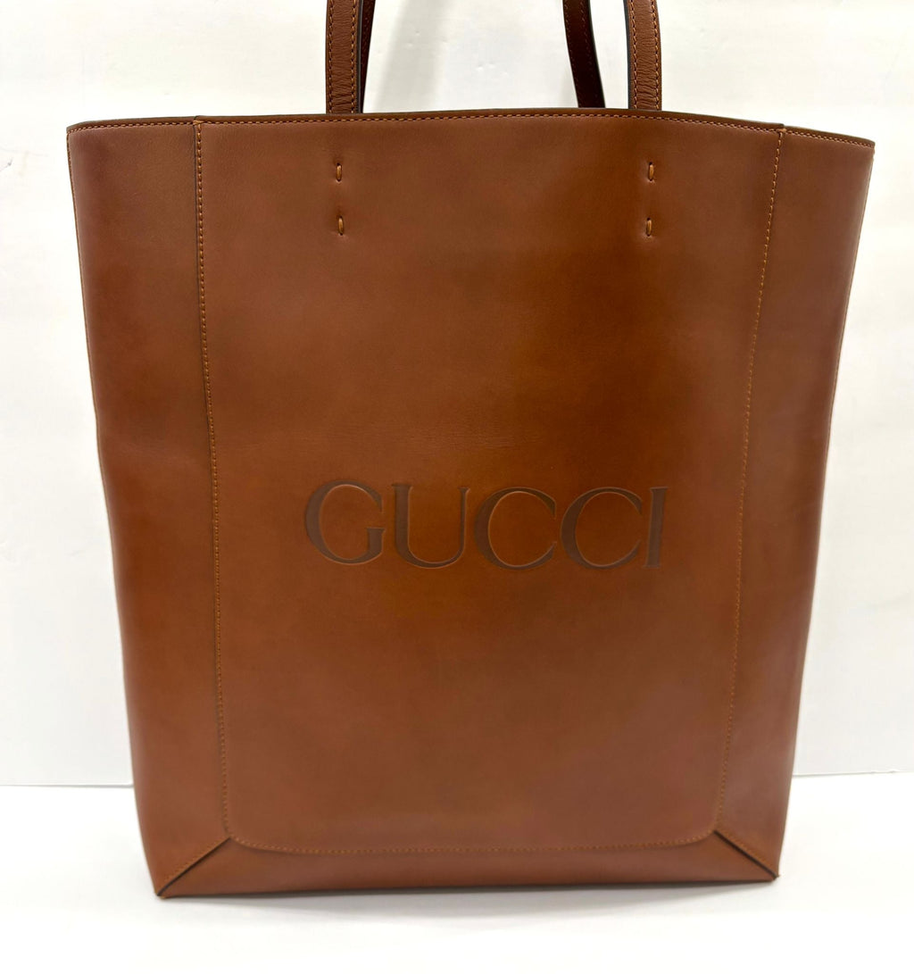 GUCCI LOGO EMBOSSED CALFSKIN LEATHER SHOPPER TOTE BAG