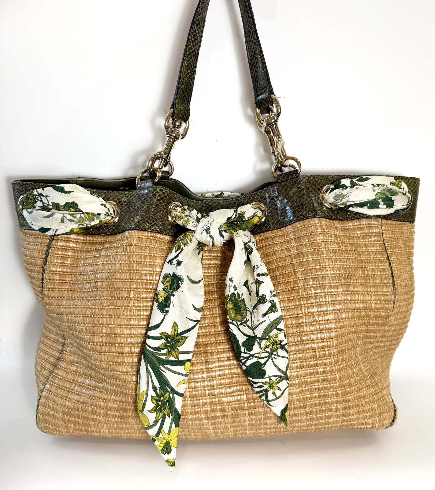 GUCCI STRAW RAFFIA AYERS SNAKESKIN POSITANO LARGE TOTE BAG