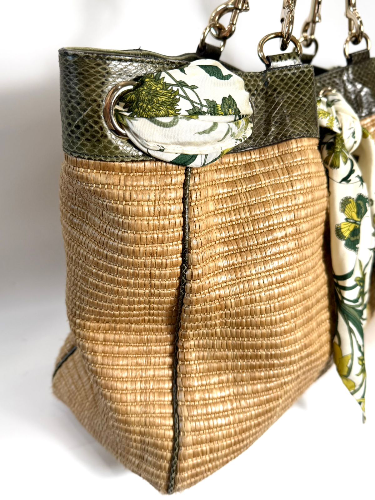 GUCCI STRAW RAFFIA AYERS SNAKESKIN POSITANO LARGE TOTE BAG