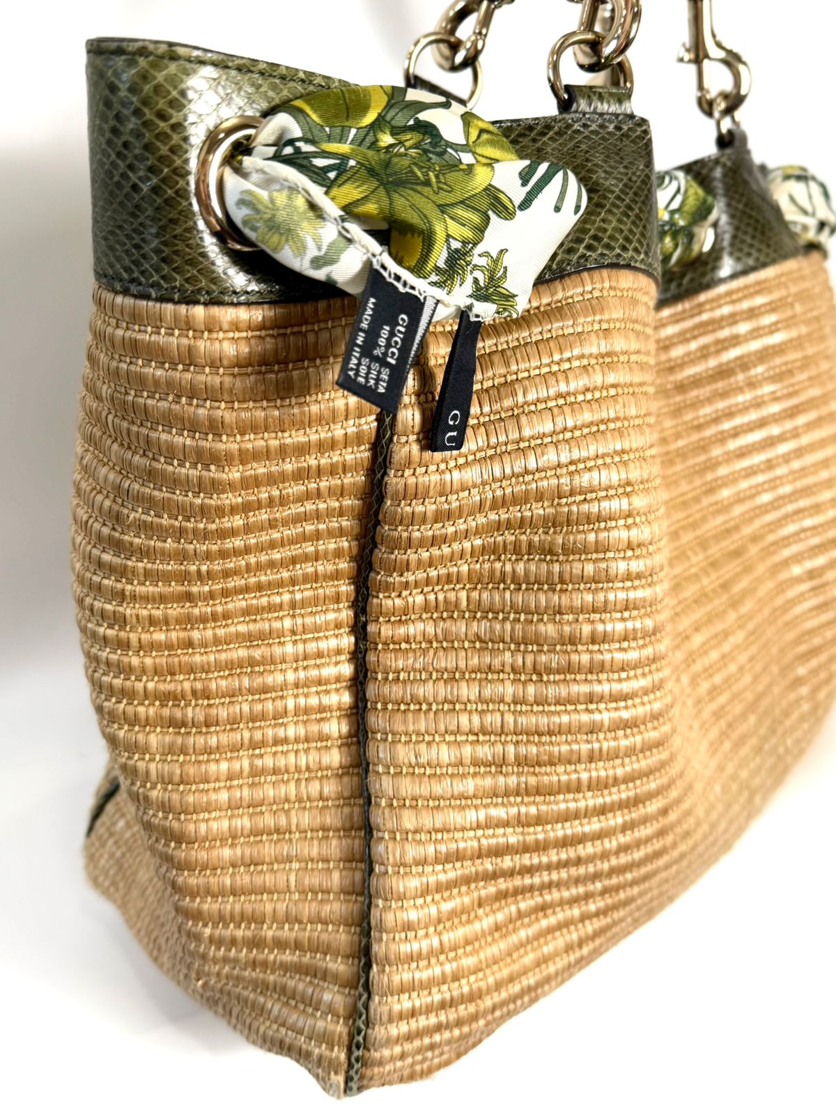 GUCCI STRAW RAFFIA AYERS SNAKESKIN POSITANO LARGE TOTE BAG