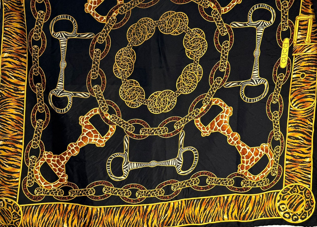 GUCCI SILK GG ANIMAL PRINT HORSEBIT SILK SCARF