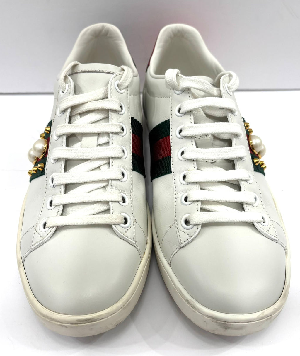 GUCCI WEB PEARL WOMEN'S ACE STUDDED CALFSKIN LEATHER SNEAKERS