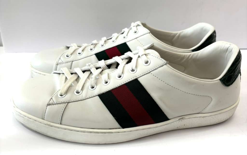 GUCCI CALFSKIN LEATHER CROC ACCENT ACE SNEAKERS