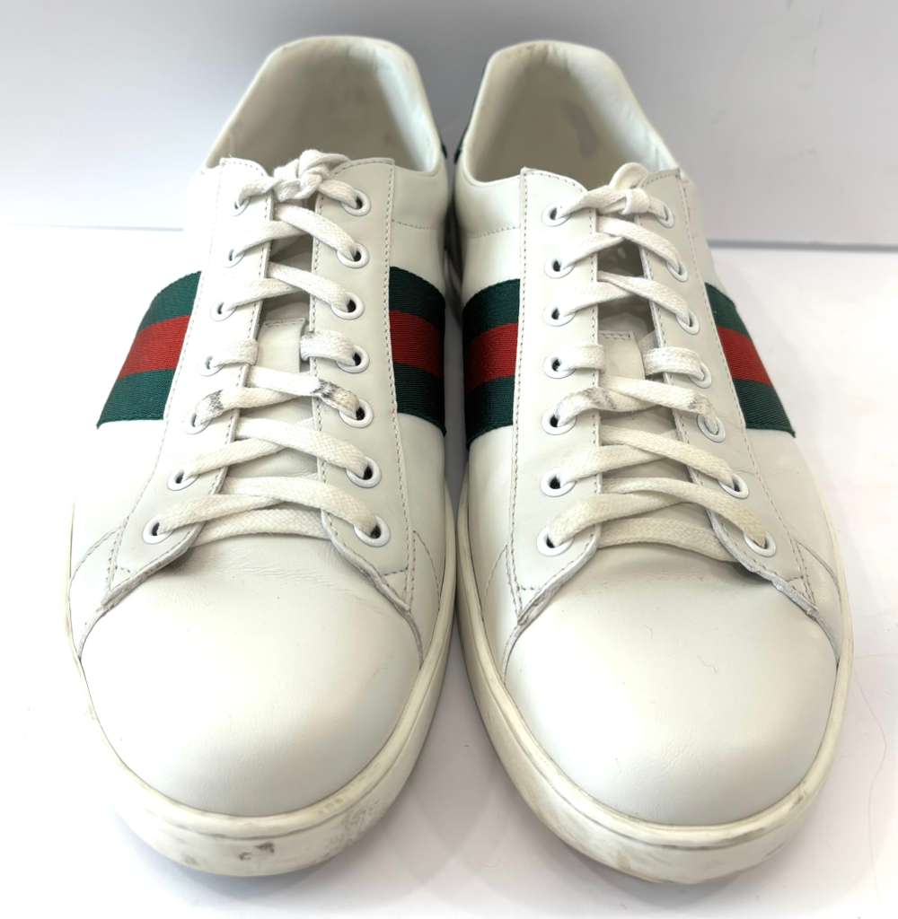 GUCCI CALFSKIN LEATHER CROC ACCENT ACE SNEAKERS