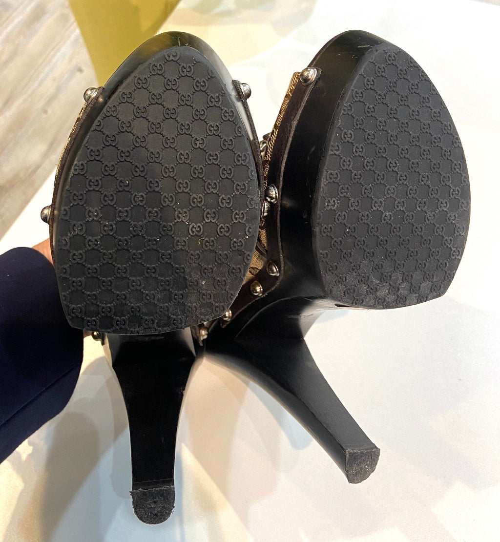 GUCCI MONOGRAM CELLARIUS SOFT CALFSKIN & CANVAS ICON BIT CLOGS