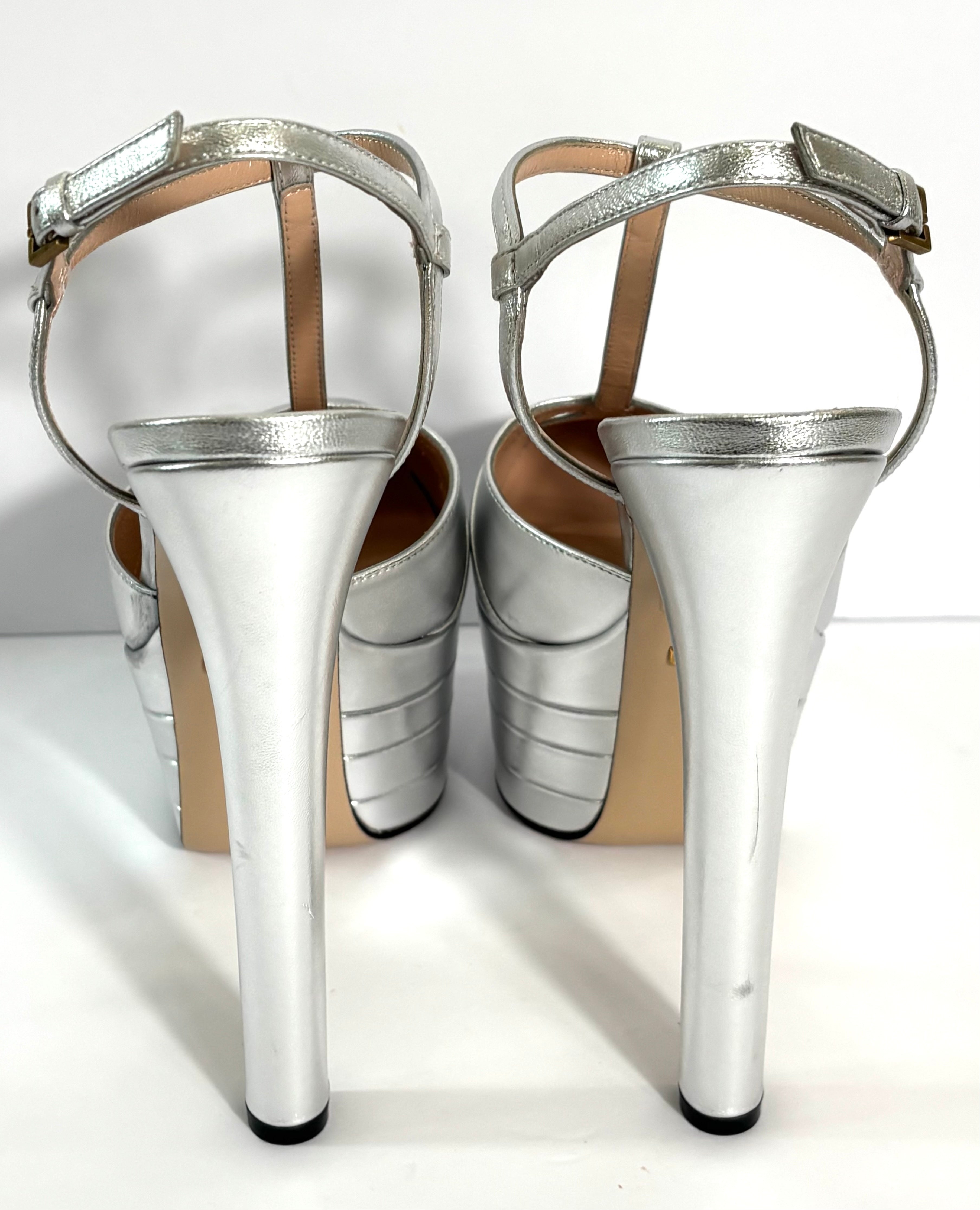 GUCCI ANGEL METALLIC SILVER LEATHER PLATFORM PUMPS