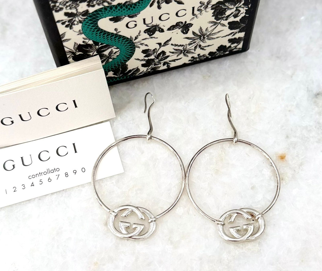GUCCI STERLING SILVER BRITT HOOP DROP EARRINGS