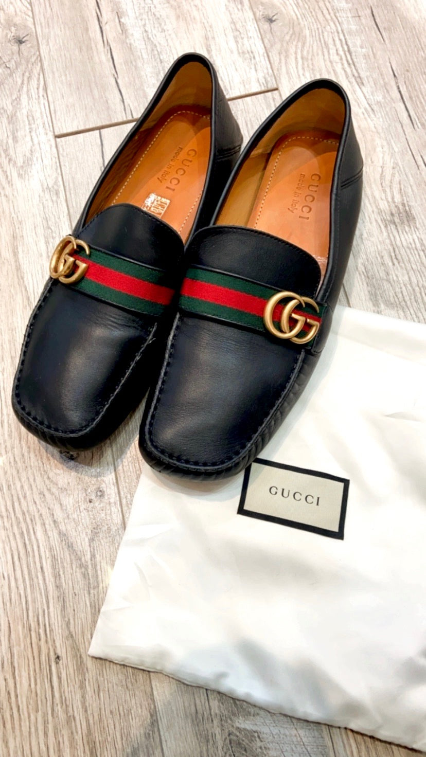 GUCCI GG WEB CALFSKIN LEATHER DRIVER LOAFERS