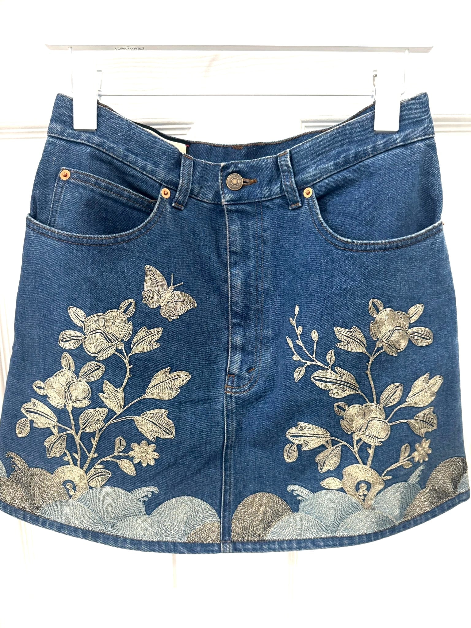 GUCCI EMBROIDERED DENIM MINI SKIRT
