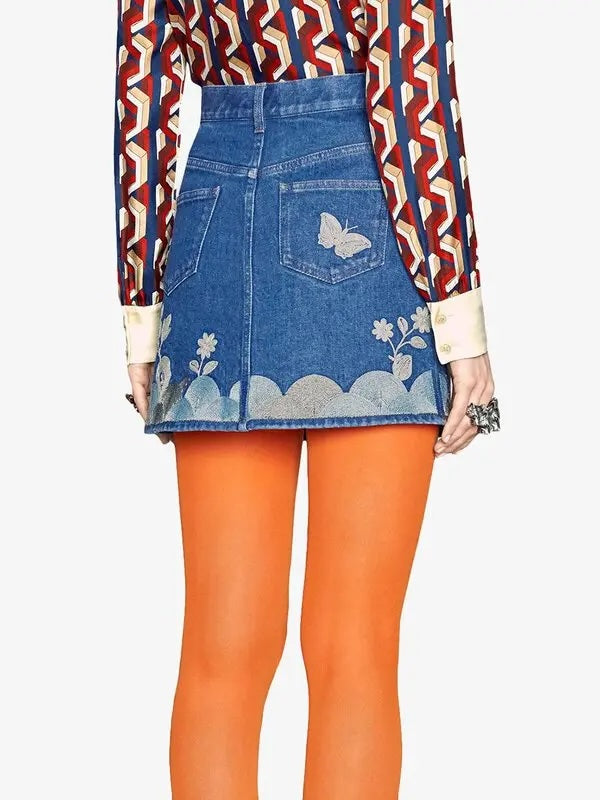 GUCCI EMBROIDERED DENIM MINI SKIRT