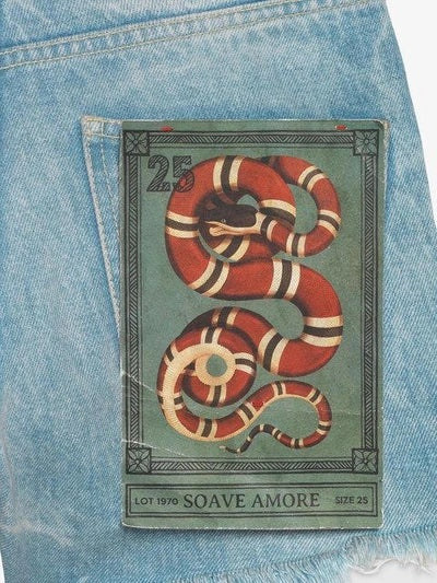 GUCCI EMBROIDERED RAW EDGE DENIM SHORTS