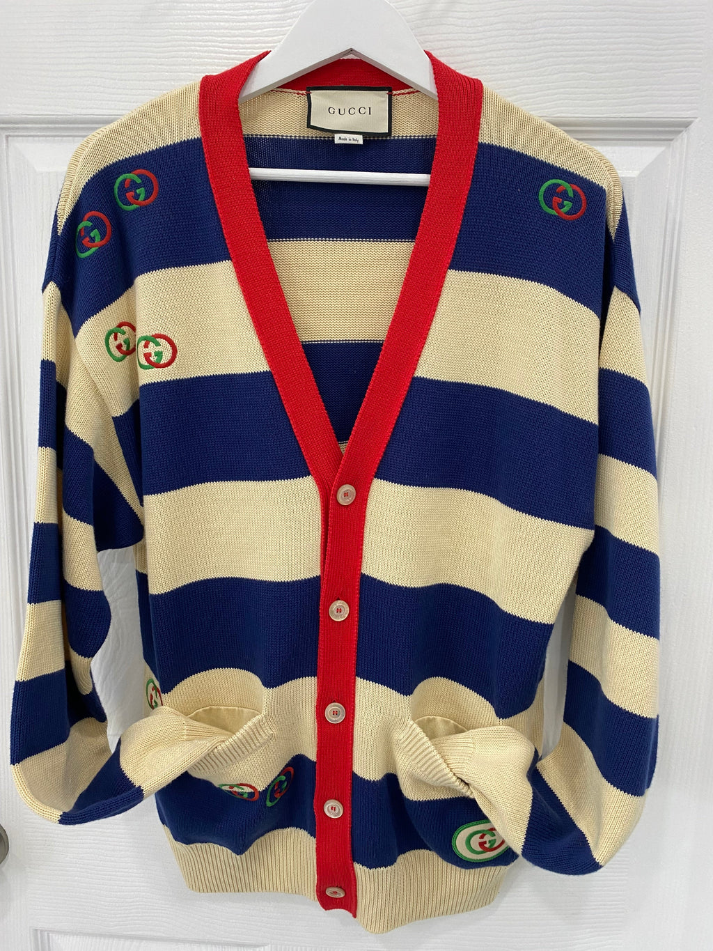 GUCCI EMBROIDERED STRIPED KNIT CARDIGAN