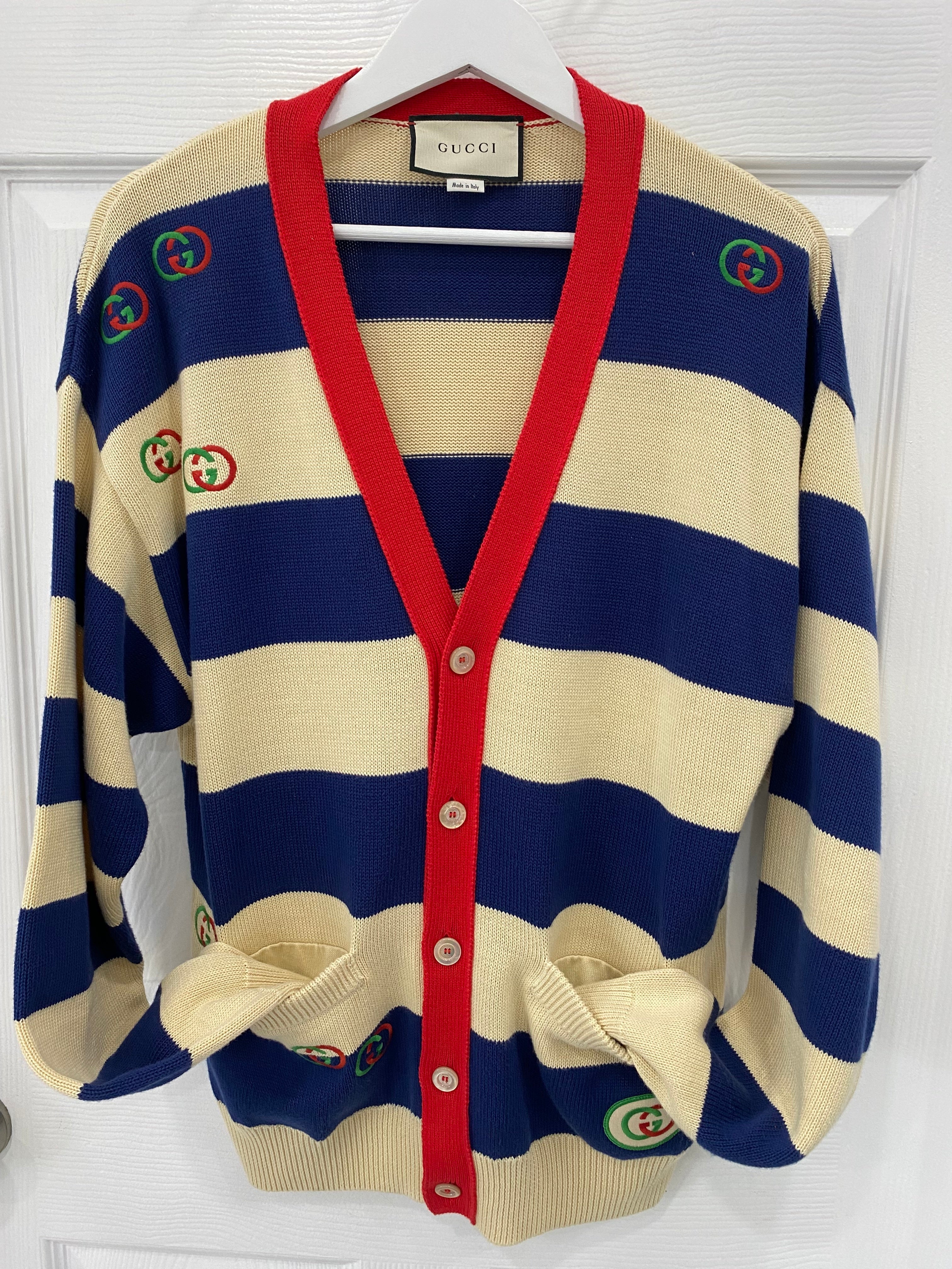 GUCCI EMBROIDERED STRIPED KNIT CARDIGAN