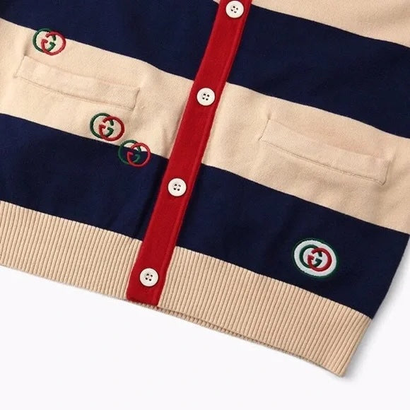 GUCCI EMBROIDERED STRIPED KNIT CARDIGAN