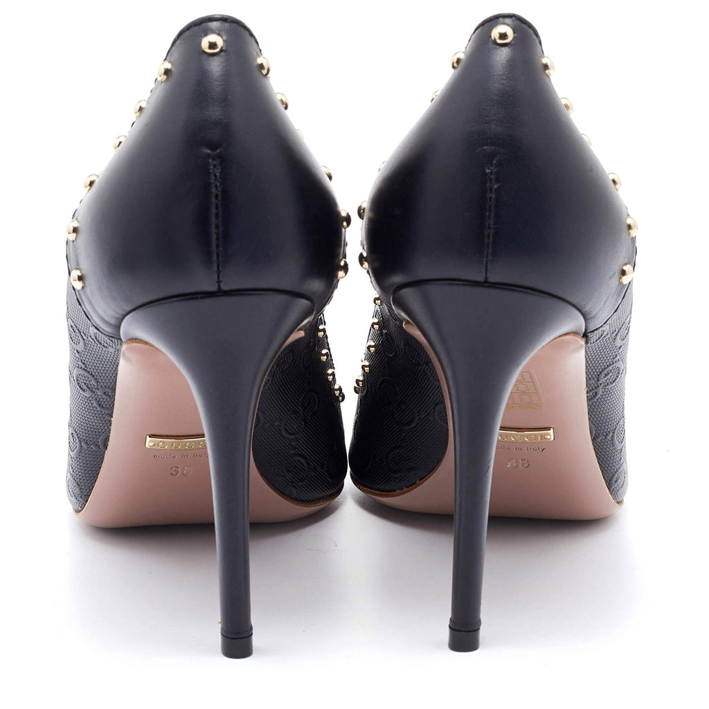 GUCCI GG EMBOSSED CALFSKIN LEATHER STUD EMBELLISHED PUMPS