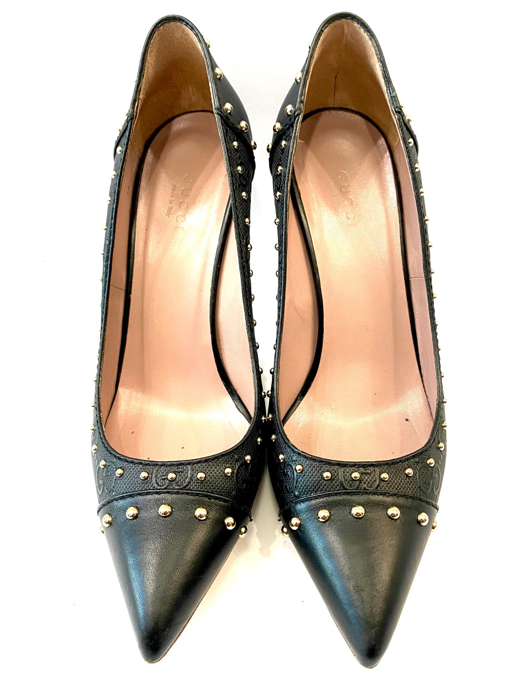 GUCCI GG EMBOSSED CALFSKIN LEATHER STUD EMBELLISHED PUMPS