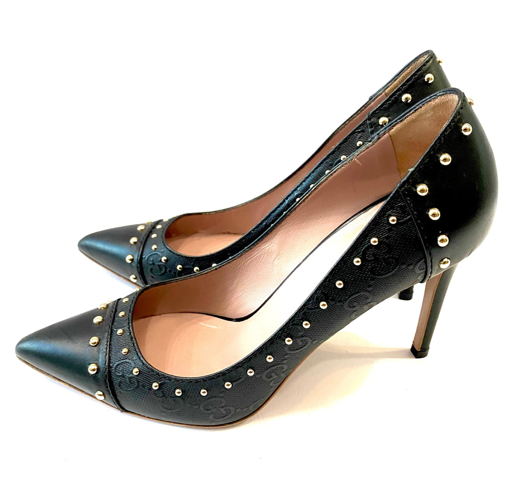 GUCCI GG EMBOSSED CALFSKIN LEATHER STUD EMBELLISHED PUMPS