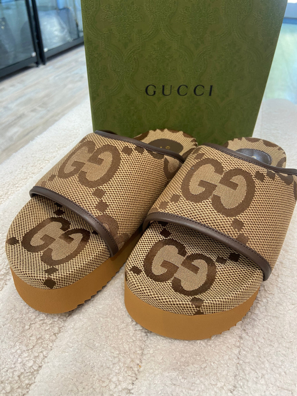 GUCCI GG JUMBO NAPPA CANVAS PLATFORM SLIDE SANDALS