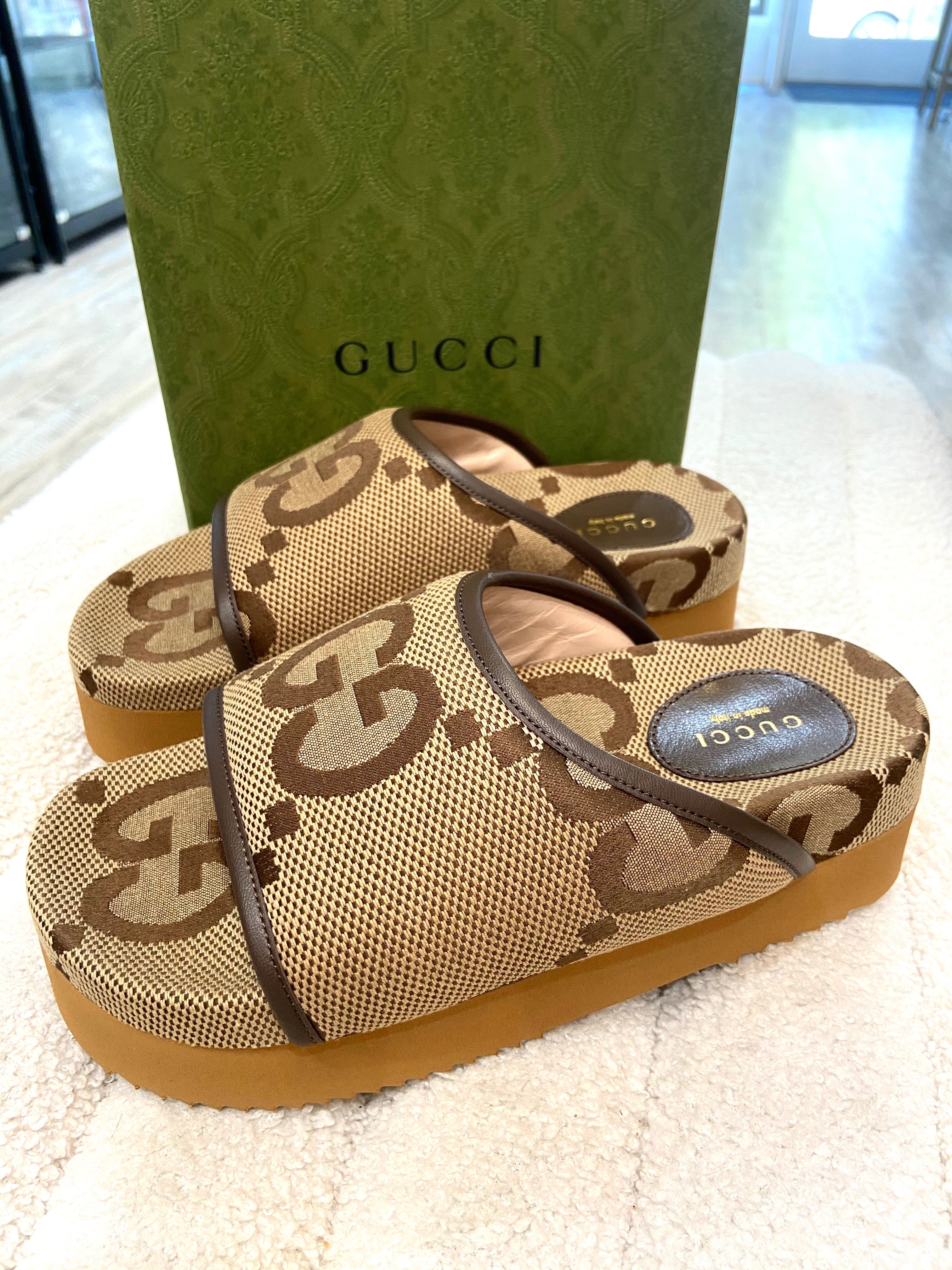 GUCCI GG JUMBO NAPPA CANVAS PLATFORM SLIDE SANDALS